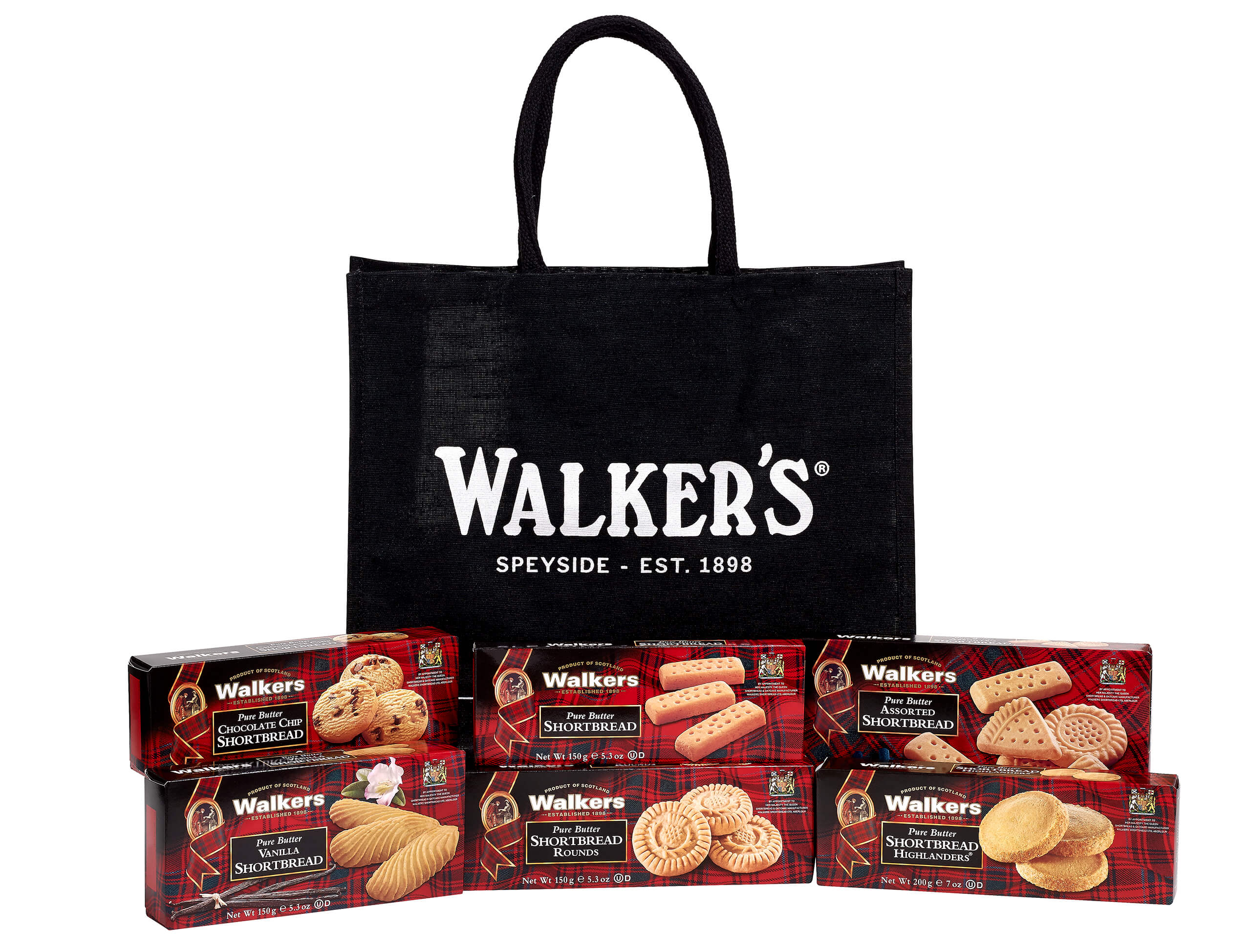 A black Walker's Shortbread branded bag in the background with various product boxes in front of it.